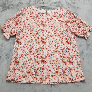 NEW Zeagoo Top Womens XL Orange Floral Short Smocked Puff Sleeves Stretch Casual